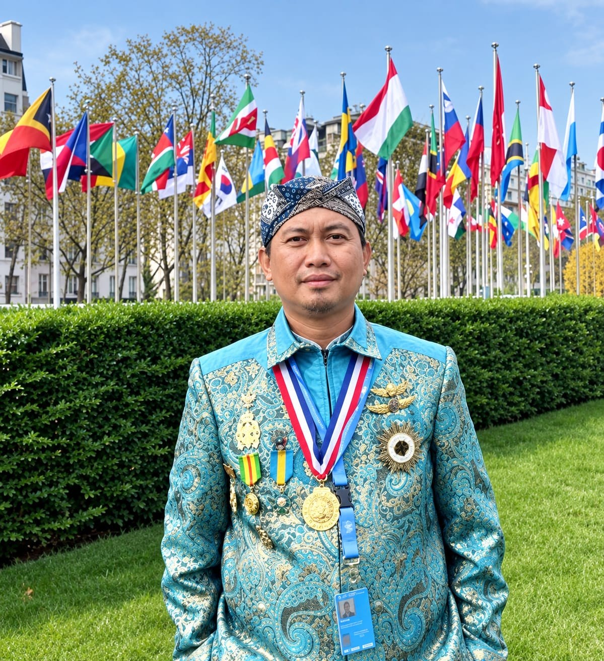 Prof. Dr. Pangeran Mohammad Soleh Ridwan mengenakan busana kebesaran biru-emas dengan medali kehormatan, berdiri di depan deretan bendera negara-negara